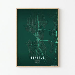 Seattle Kaart Print Washington Stad Muur Kunst Cad