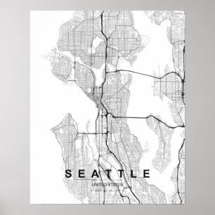 Seattle Minimalistische Kaart (Zwart & Wit) Poster