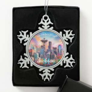 Seattle Skyline Abstracte kunst Tin Sneeuwvlok Ornament
