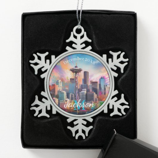 Seattle Skyline Abstracte kunst Tin Sneeuwvlok Ornament (Kistje)