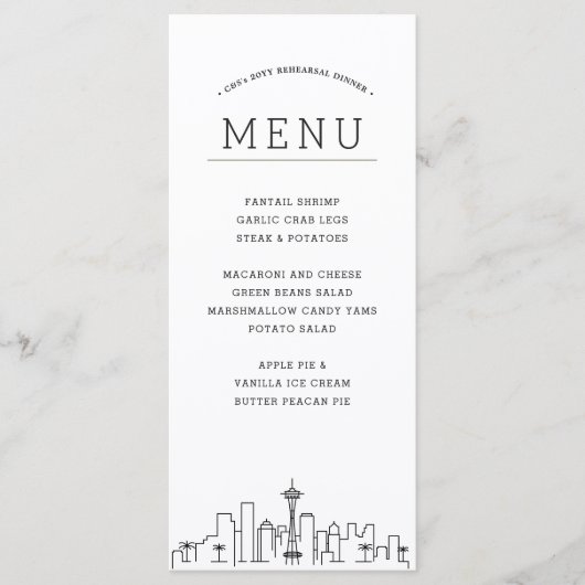 Seattle Skyline | Huwelijksevenement Diner Menu (Voorkant)
