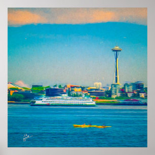 Seattle Skyline Modern Waterverf Unieke Poster