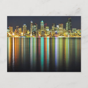 Seattle skyline 's nachts met reflectie briefkaart