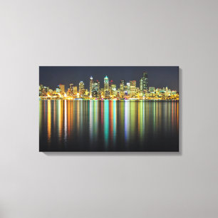 Seattle skyline 's nachts met reflectie canvas afdruk