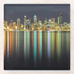 Seattle skyline 's nachts met reflectie glazen onderzetter