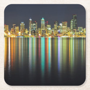 Seattle skyline 's nachts met reflectie vierkante kartonnen onderzetter