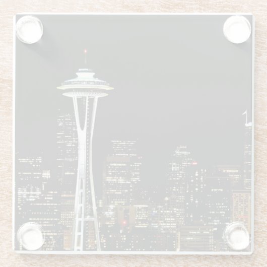 Seattle skyline 's nachts, met Space Needle. Glazen Onderzetter (Achterkant)