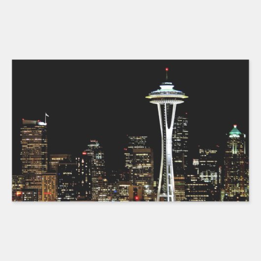 Seattle skyline 's nachts, met Space Needle. Rechthoekige Sticker (Voorkant)