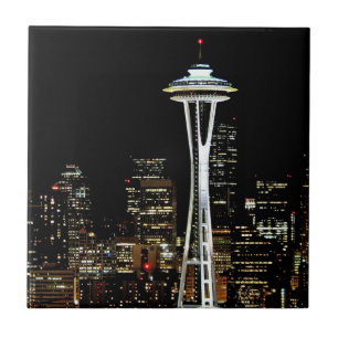 Seattle skyline 's nachts, met Space Needle. Tegeltje