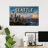 Seattle Space Needle en Mount Rainier Poster (Thuiskantoor)