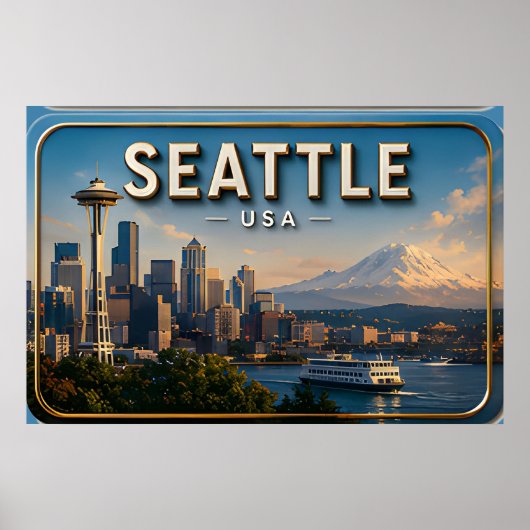 Seattle Space Needle en Mount Rainier Poster (Voorkant)