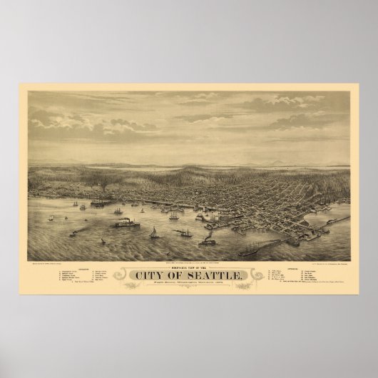Seattle, WA Panoramic Map - 1878 Poster (Voorkant)