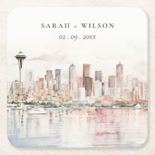 Seattle, Washington Aquarel Landschap Bruiloft Vierkante Kartonnen Onderzetter
