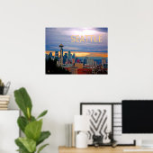 Seattle Washington Skyline op Sunset TEXT SEATTLE Poster (Thuiskantoor)