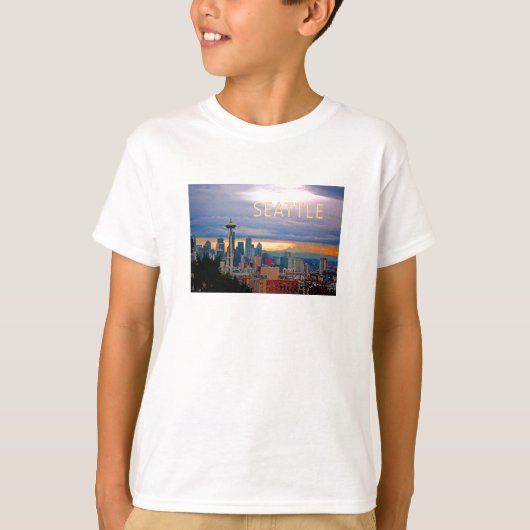 Seattle Washington Skyline op Sunset TEXT SEATTLE T-shirt (Voorkant)