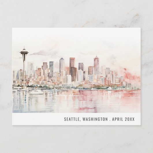Seattle, Washington Watercolor Landscape Wedding Briefkaart (Voorkant)