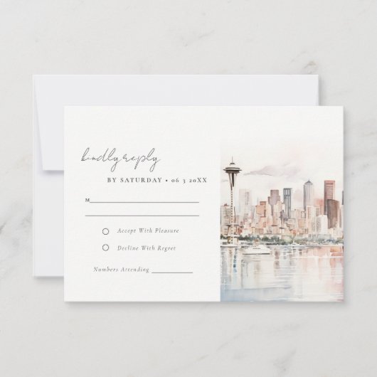 Seattle Washington Watercolor Landscape Wedding RSVP Kaartje (Voorkant)