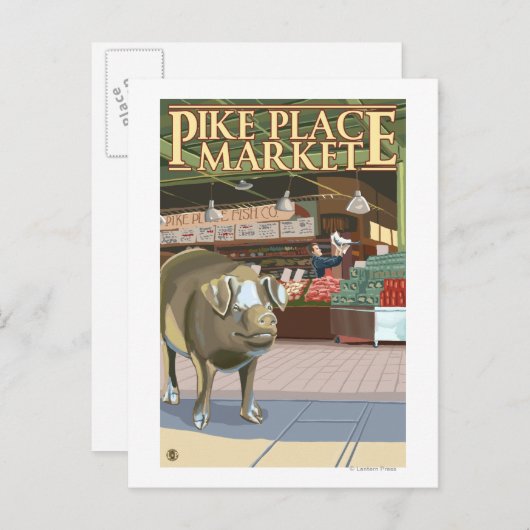 SeattleFish Toss and Bronze Pig op Pike Place Briefkaart (Voorkant / Achterkant)