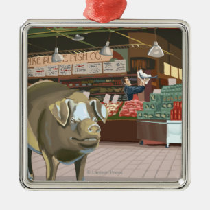 SeattleFish Toss and Bronze Pig op Pike Place Metalen Ornament