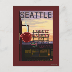 SeattlePike Place Market Sign and Water Uitzicht Briefkaart
