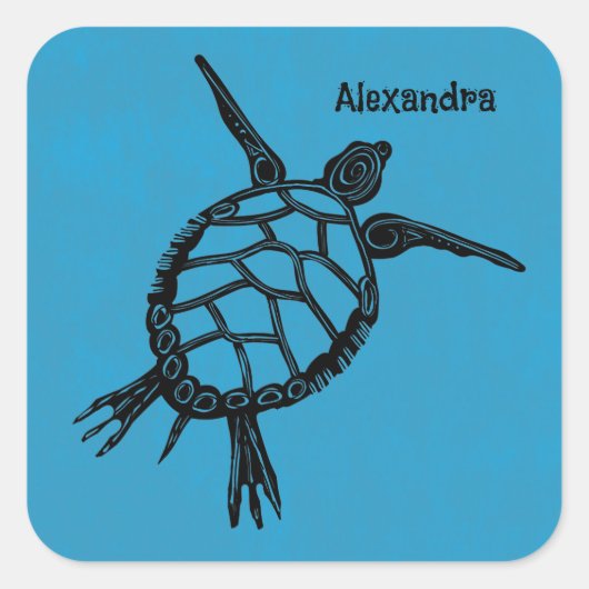Seaturtle Woodcut Vierkante Sticker (Voorkant)