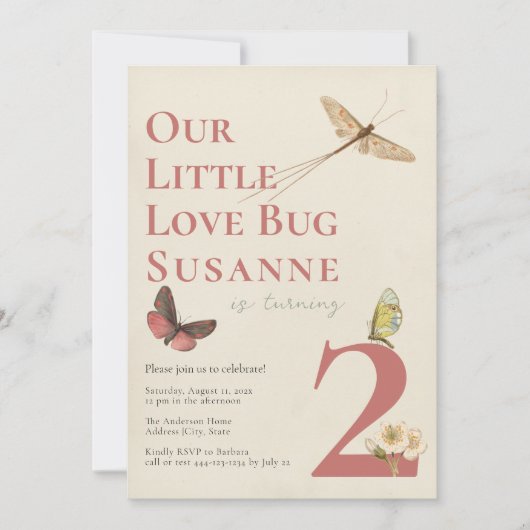 Second Anniversaire Amour Bug Baby Girl Invitation (Devant)