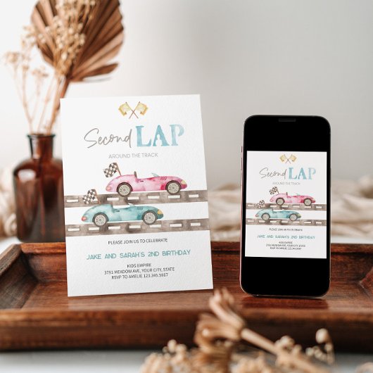 Second Lap Race Car Twins Anniversaire Invitation
