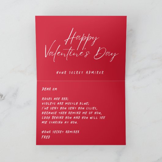 SECRET ADMIRER RED WHTE MODERN CUSTOM VALENTIJNS KAART (Binnen)