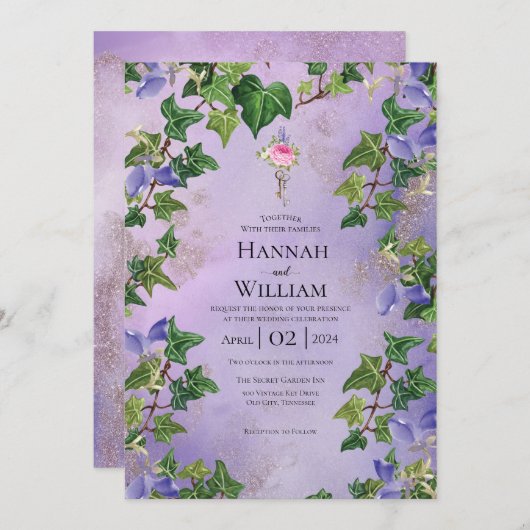 Secret Garden Lilac et Vins Faire-part de mariage (Devant / Derrière)