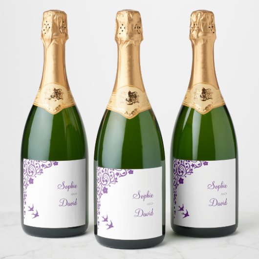 Secret Garden Paarse Floral Lovebird Wedding Sparkling Wijnetiket (Flessen)