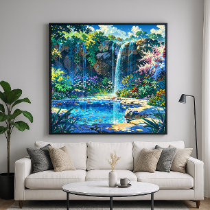 Secret Pond - Kleurrijke Natuur Illustratiestijl Poster