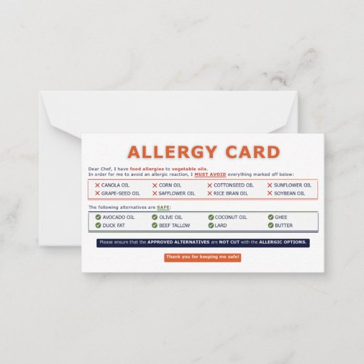 Seed Oil Allergy Card Notitiekaartje (Voorkant)