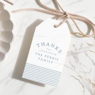 Seersucker blauwe streep eenvoudige babyshower bed cadeaulabel