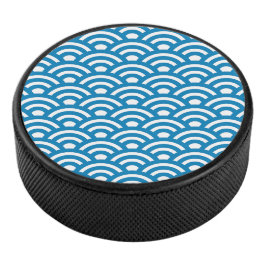 Seigaiha, Waves, Japanese, Blue and White Hockey Puck