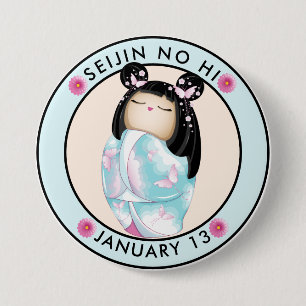 Seijin no Hi kokeshi meisjes vlinders Ronde Button 7,6 Cm