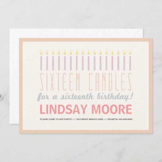 Seize bougies Invitation d'anniversaire (Devant / Derrière)