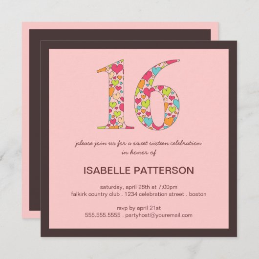 Seize de coeur doux 16 Invitation de fête (Devant / Derrière)