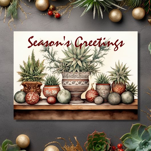 Seizoen Groeten Potted Succulenten Kerstmis Feestdagen Kaart
