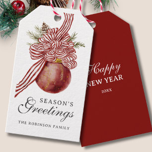 Seizoenen Groeten Kerst Rood Gestreept Ornament Cadeaulabel