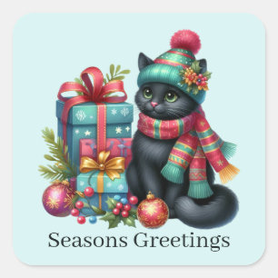 Seizoenen Groeten Kerstkat Voeg tekst toe Vierkante Sticker