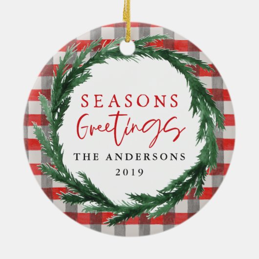 Seizoenen Groetjes Check + krans Kerstfoto Keramisch Ornament (Achterkant)