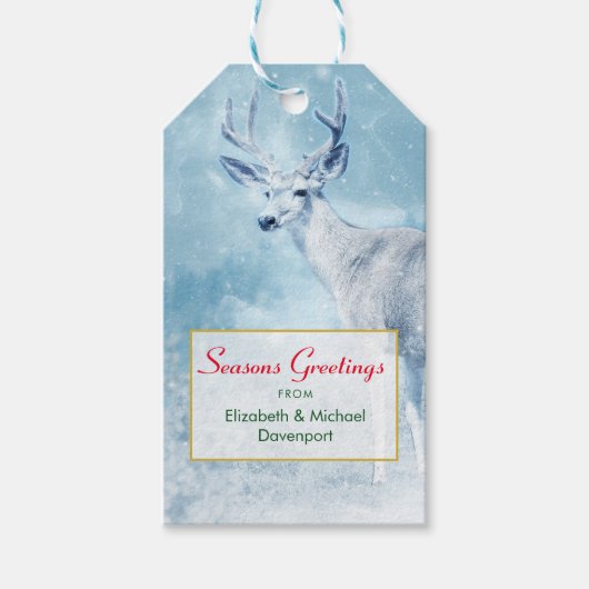 Seizoenen Vergroeten Winter Deer en Pine Trees Cadeaulabel (Voorkant)