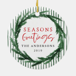 Seizoensbegroeten met adem + kerstfoto stripe keramisch ornament