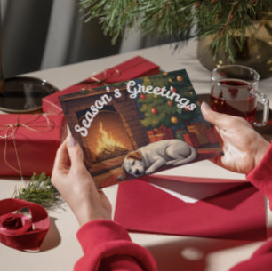 Seizoensgroeten Hond Slapend bij Open Haard Feestdagenkaart