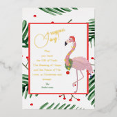 Seizoensvreugde Tropische bladeren Roze Santa Flam Folie Feestdagenkaart (Voorkant)