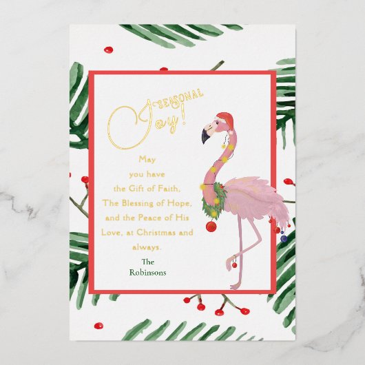 Seizoensvreugde Tropische bladeren Roze Santa Flam Folie Feestdagenkaart (Voorkant)