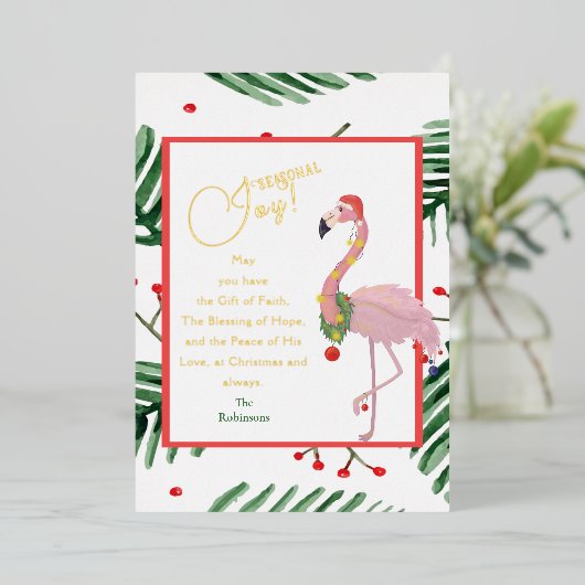 Seizoensvreugde Tropische bladeren Roze Santa Flam Folie Feestdagenkaart (Staand Voorkant)