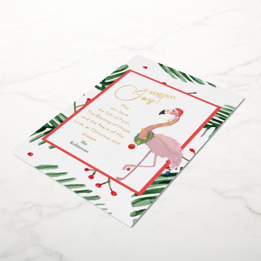 Seizoensvreugde Tropische bladeren Roze Santa Flam Folie Feestdagenkaart (Gedraaid)