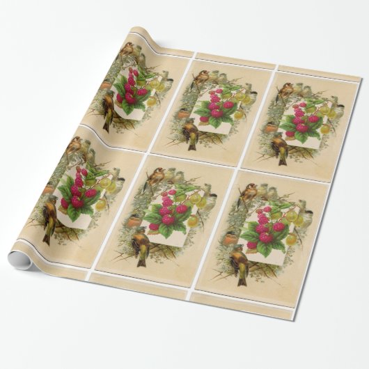 SEIZOENSVRUCHTEN / NATUUR, VOGELS EN FRAMBOZEN CADEAUPAPIER (Uitgerold)