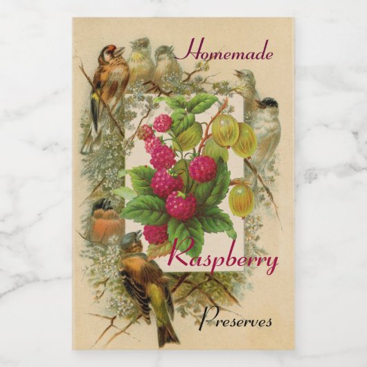 SEIZOENVRUCHTEN / VOGELS EN RASPBERRIEËN BEHOUDEN VOEDSELCONTAINER ETIKET (Enkel label)